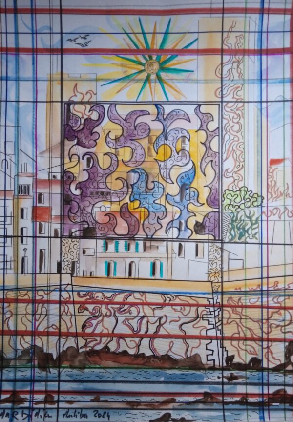 #089 - Antibes - dessin coloré avec effets linéaires