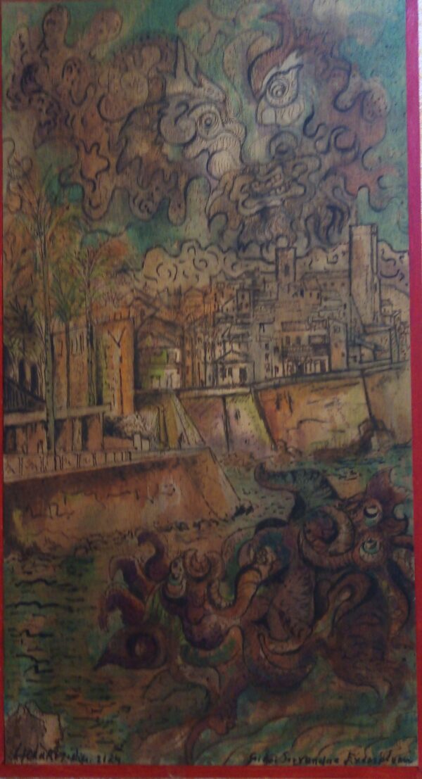#107 - Antibes - pyrogravure sur bois réhaussée d'encre